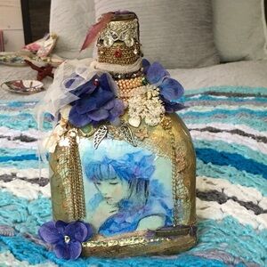 Art Bottle Upcycled Whiskey Bottle Fairy Graphic Gold Accents